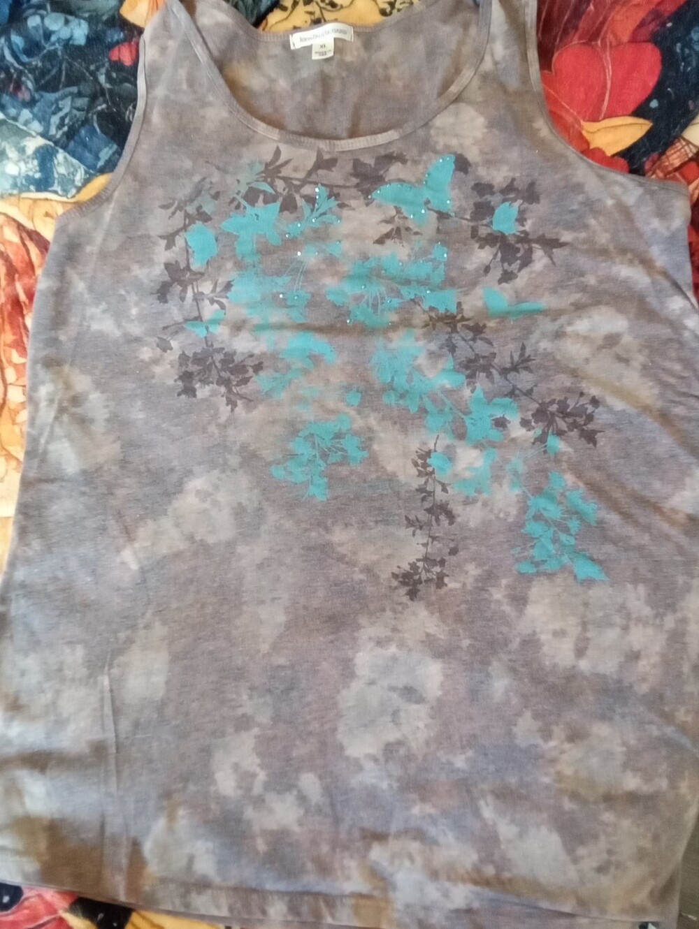 #668 Blue-Gray Tie-Dye Tank with Teal Floral Print - XL